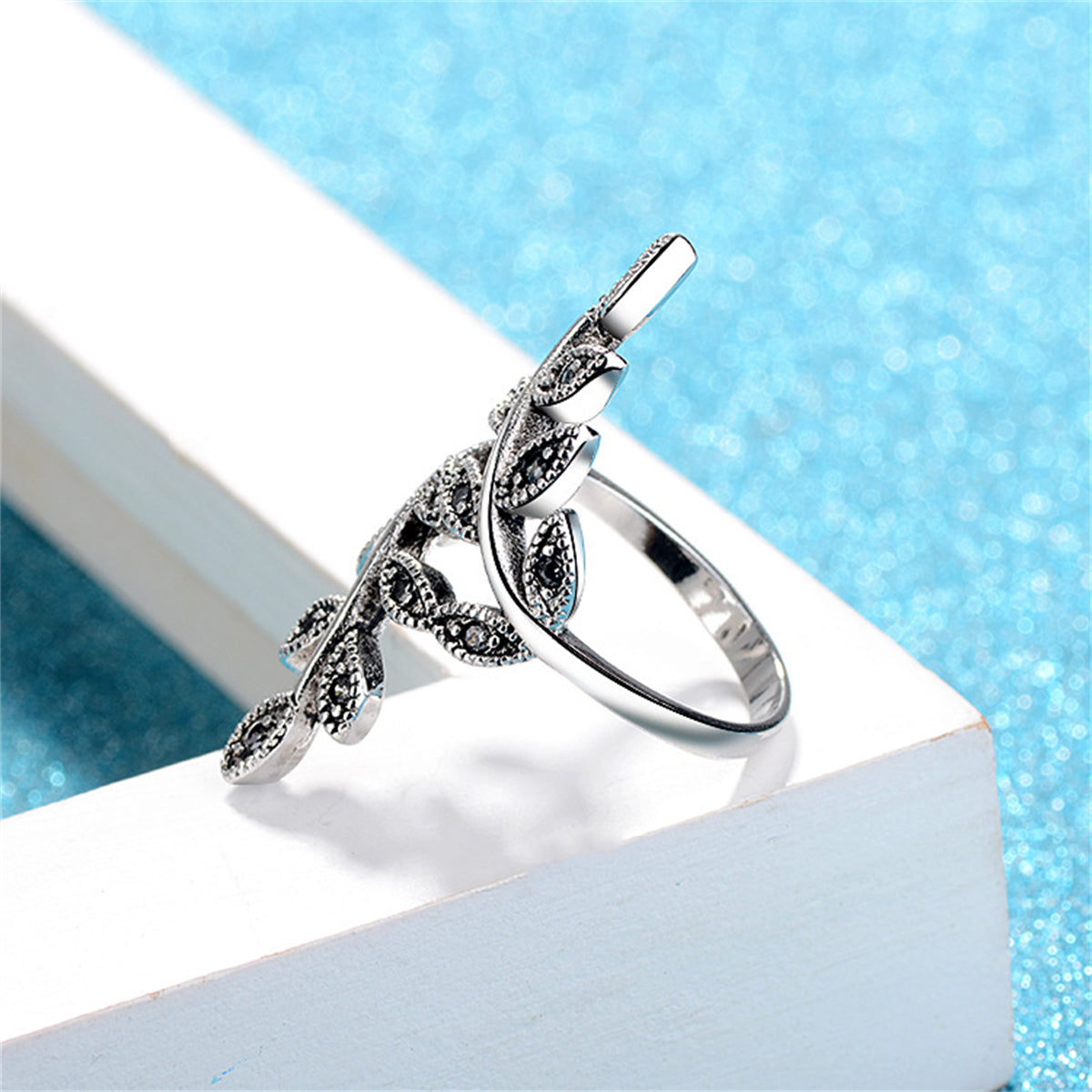 Cubic Zirconia and Silver-Plated Leaves Bypass Ring, silver statement rings for women, vintage-inspired design, styled look