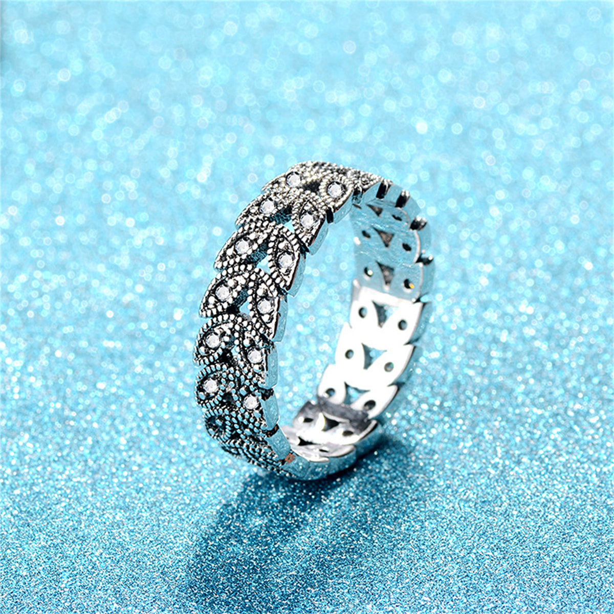 Cubic Zirconia and Silver-Plated Leaves Band Ring, silver statement rings for women, botanical inspired, side view