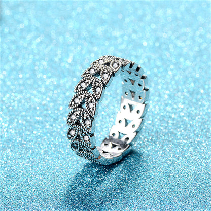 Cubic Zirconia and Silver-Plated Leaves Band Ring, silver statement rings for women, botanical inspired, side view