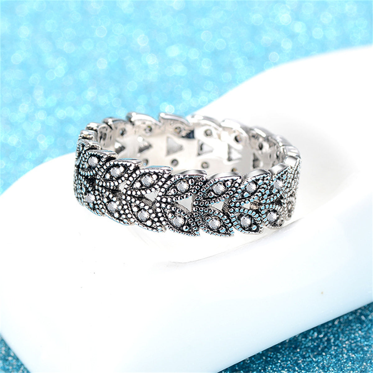 Cubic Zirconia and Silver-Plated Leaves Band Ring, silver statement rings for women, botanical inspired, lifestyle look