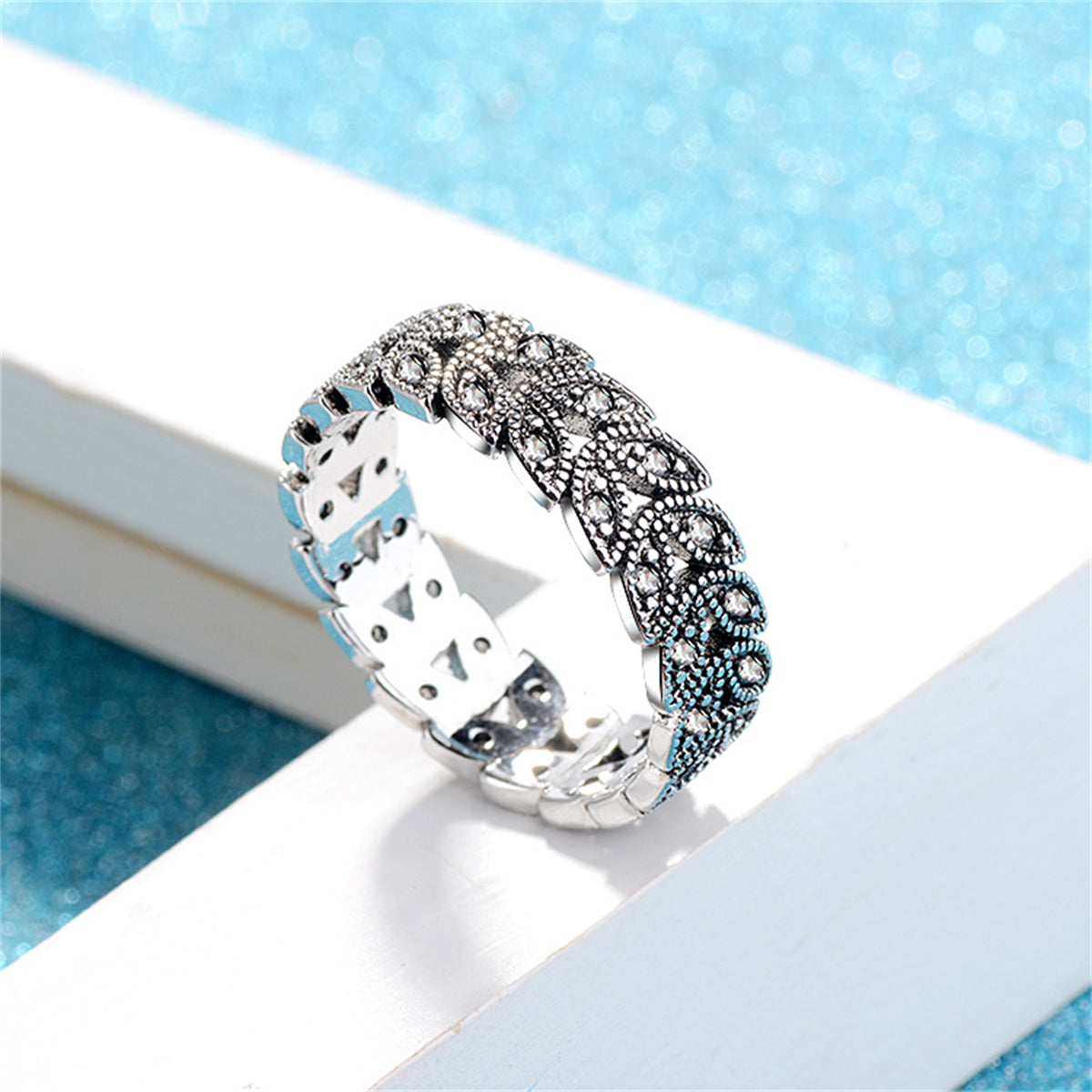 Cubic Zirconia and Silver-Plated Leaves Band Ring, silver statement rings for women, botanical inspired, detail close-up