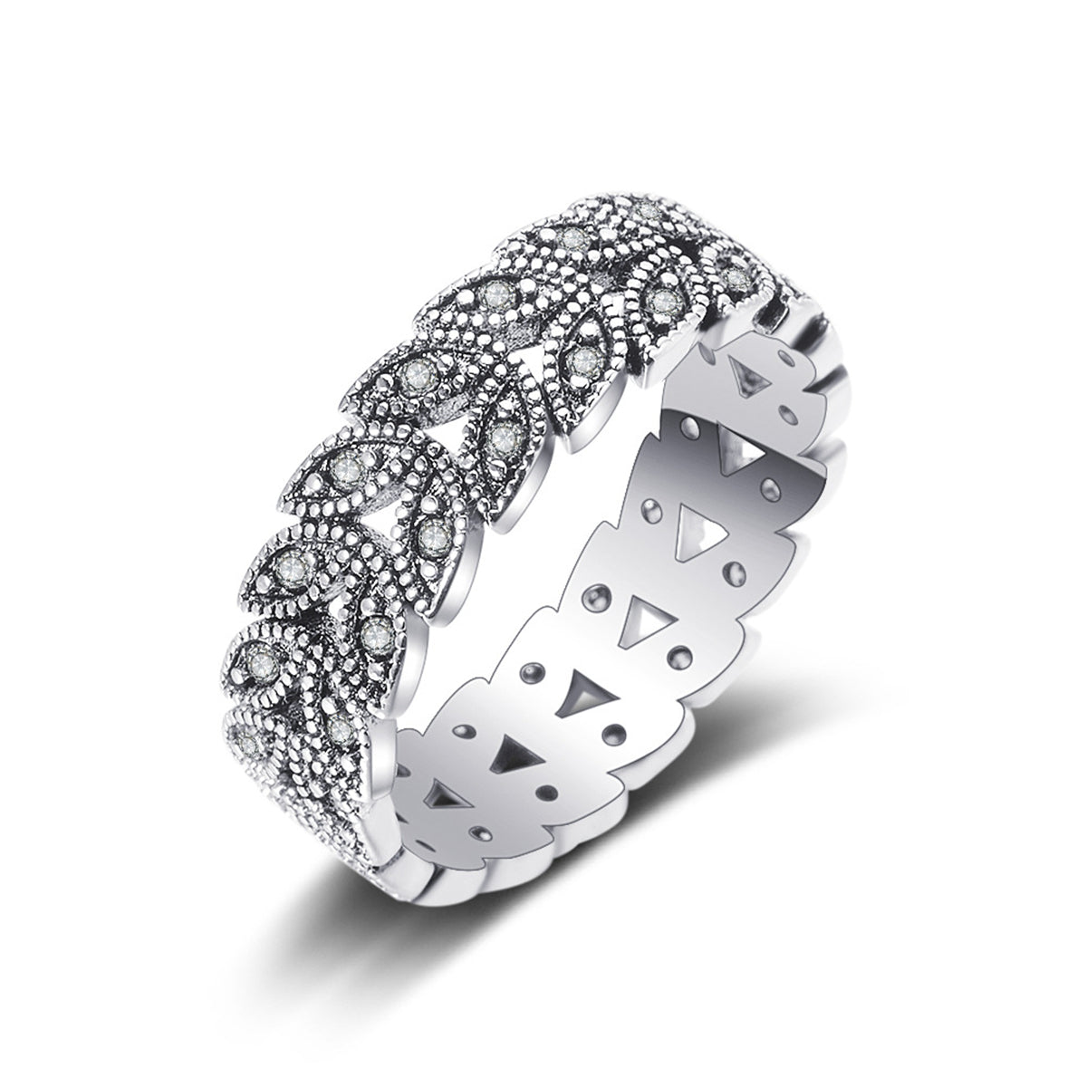 Cubic Zirconia and Silver-Plated Leaves Band Ring, silver statement rings for women, botanical inspired, front view