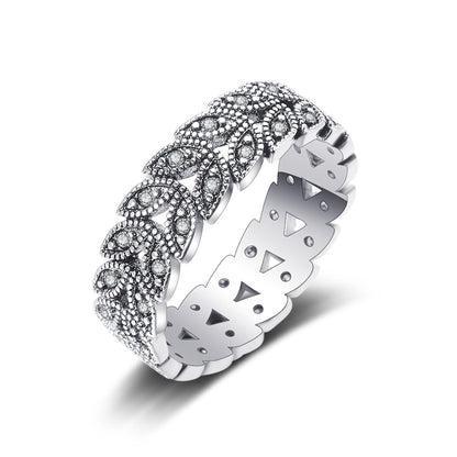 Cubic Zirconia and Silver-Plated Leaves Band Ring, silver statement rings for women, botanical inspired, front view