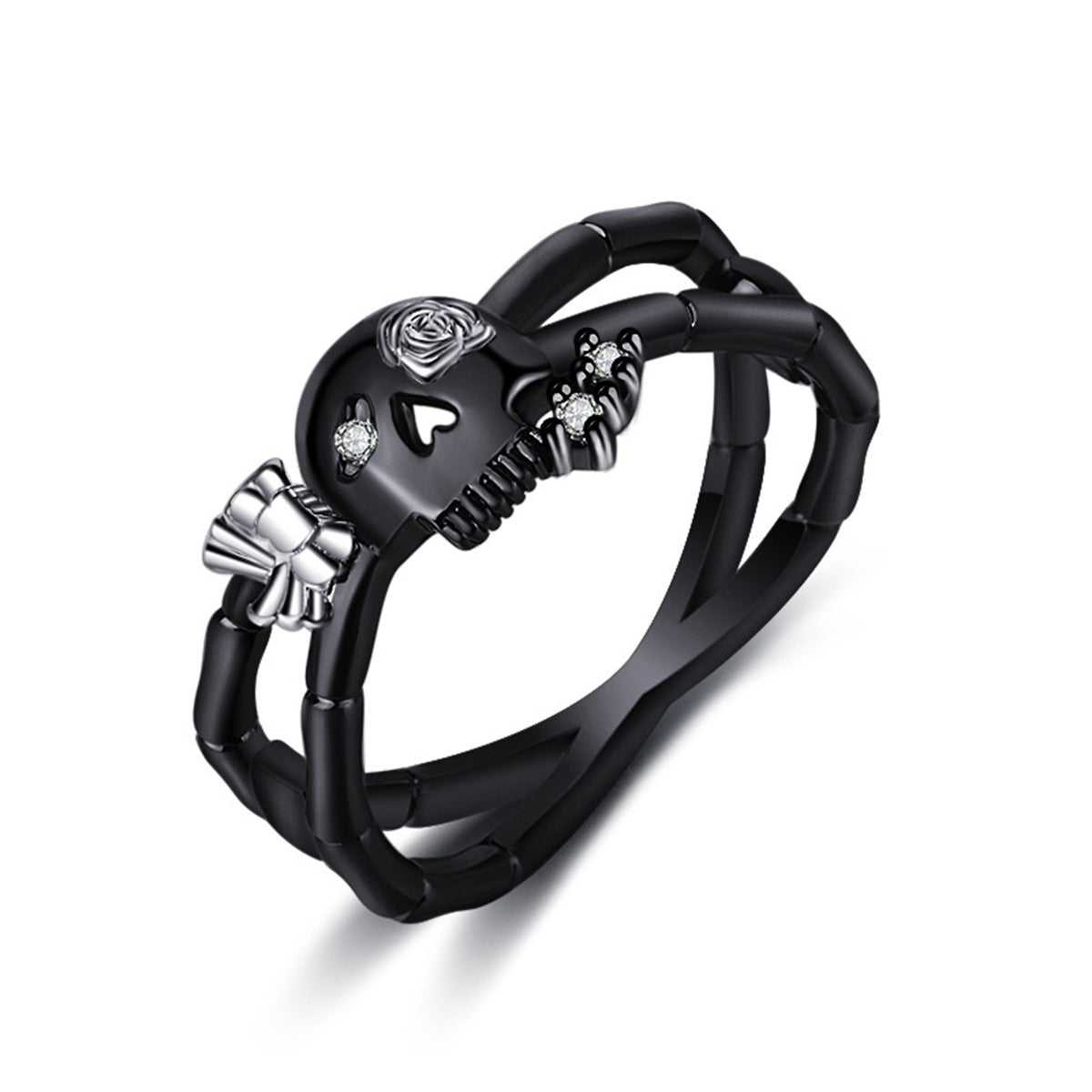 Cubic Zirconia and Two-Tone Miss Skull Ring, statement rings for women, elegant gift for her, front view