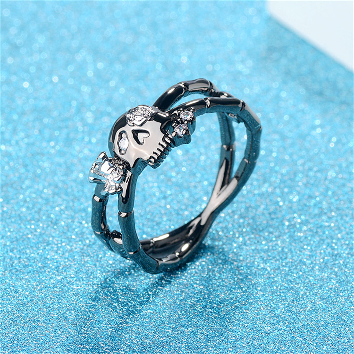 Cubic Zirconia and Two-Tone Miss Skull Ring, statement rings for women, elegant gift for her, detail close-up