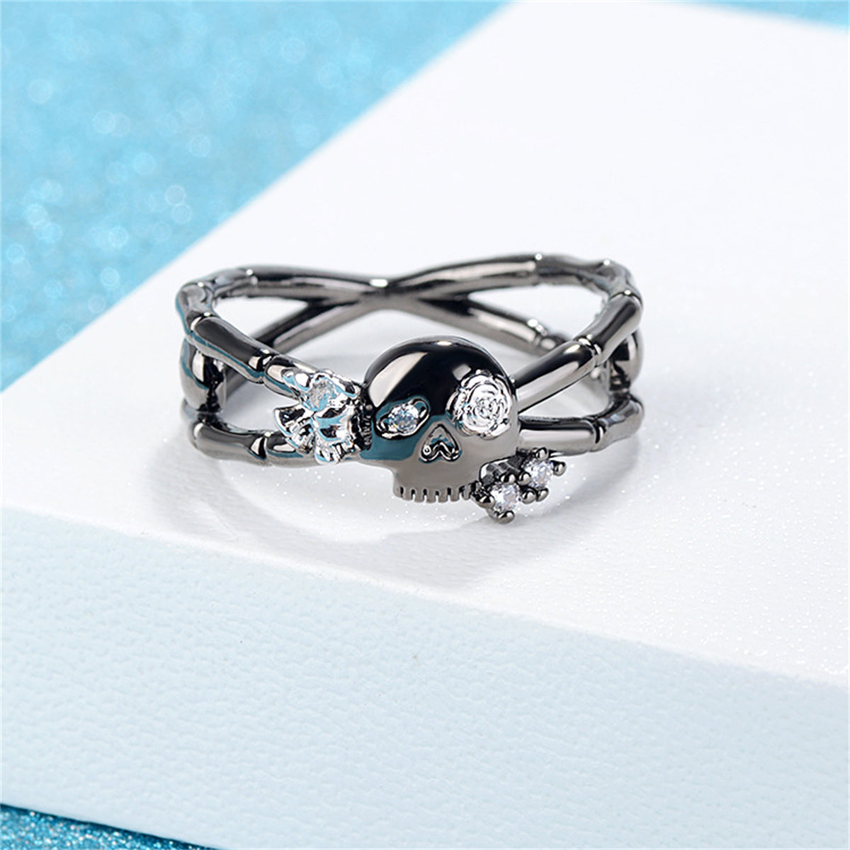 Cubic Zirconia and Two-Tone Miss Skull Ring, statement rings for women, elegant gift for her, side view