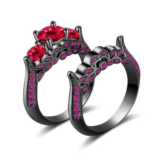 Red Crystal and Cubic Zirconia Botanical Ring Set, jewelry gift sets for women, botanical inspired, front view
