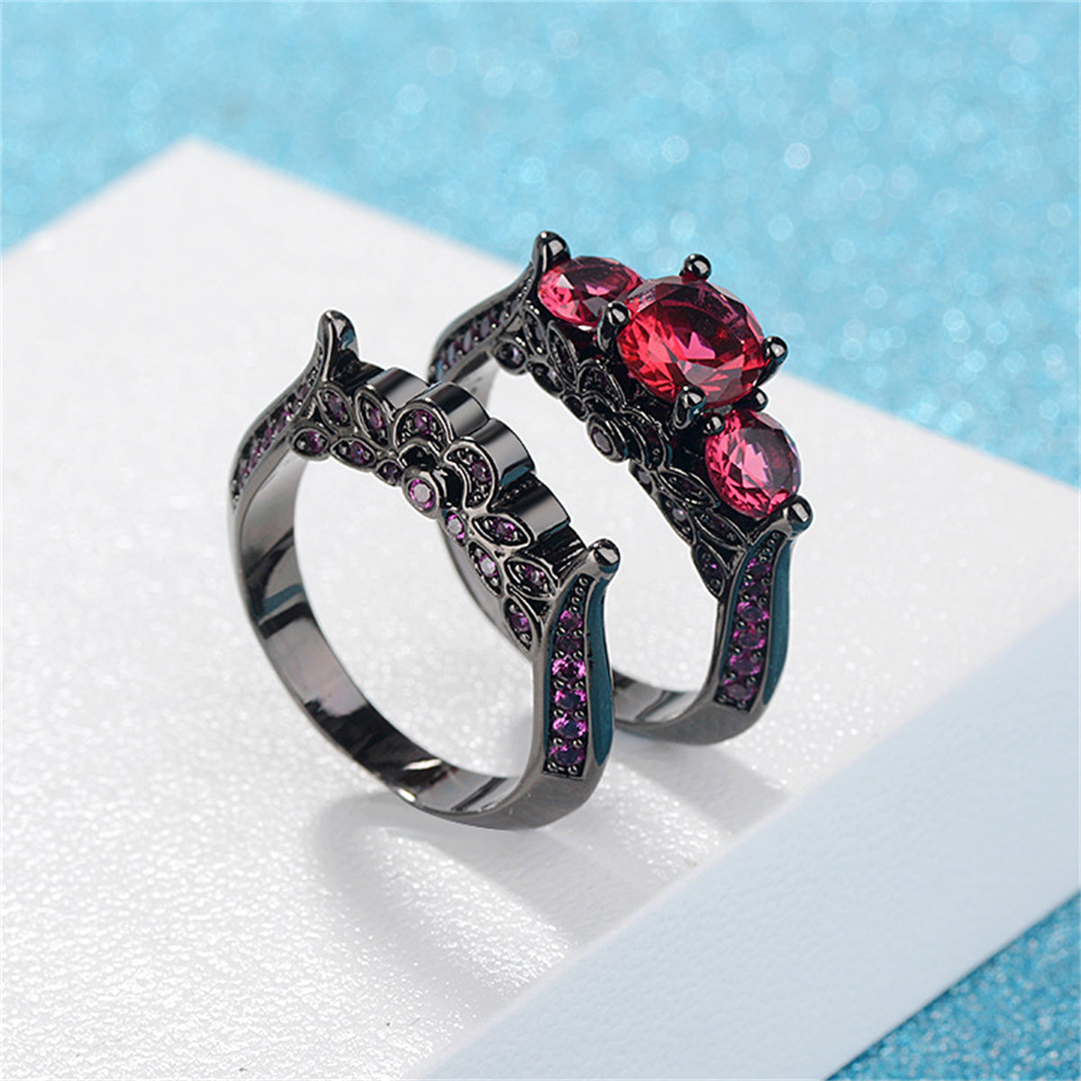 Red Crystal and Cubic Zirconia Botanical Ring Set, jewelry gift sets for women, botanical inspired, detail close-up