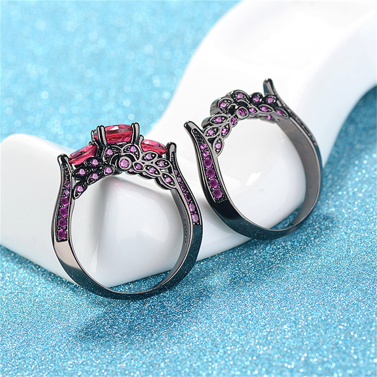 Red Crystal & Cubic Zirconia Botanical Ring Set