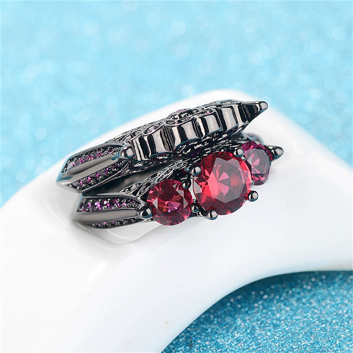 Red Crystal and Cubic Zirconia Botanical Ring Set, jewelry gift sets for women, botanical inspired, lifestyle look