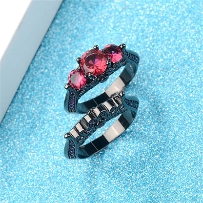 Red Crystal and Cubic Zirconia Botanical Ring Set, jewelry gift sets for women, botanical inspired, side view