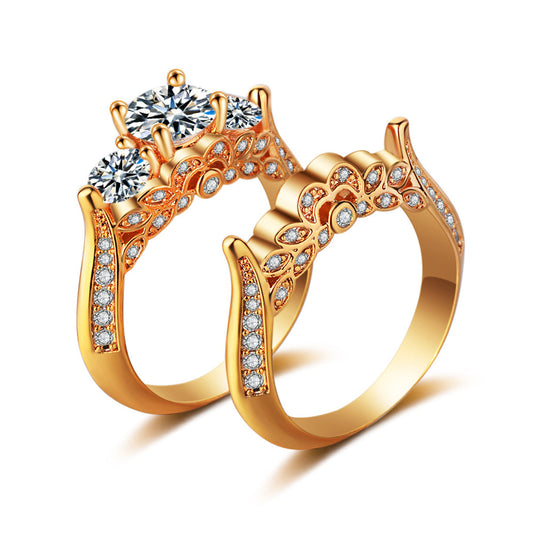 Crystal and Cubic Zirconia 18K Gold-Plated Botanical Ring Set, jewelry gift sets for women, elegant gift for her, front view
