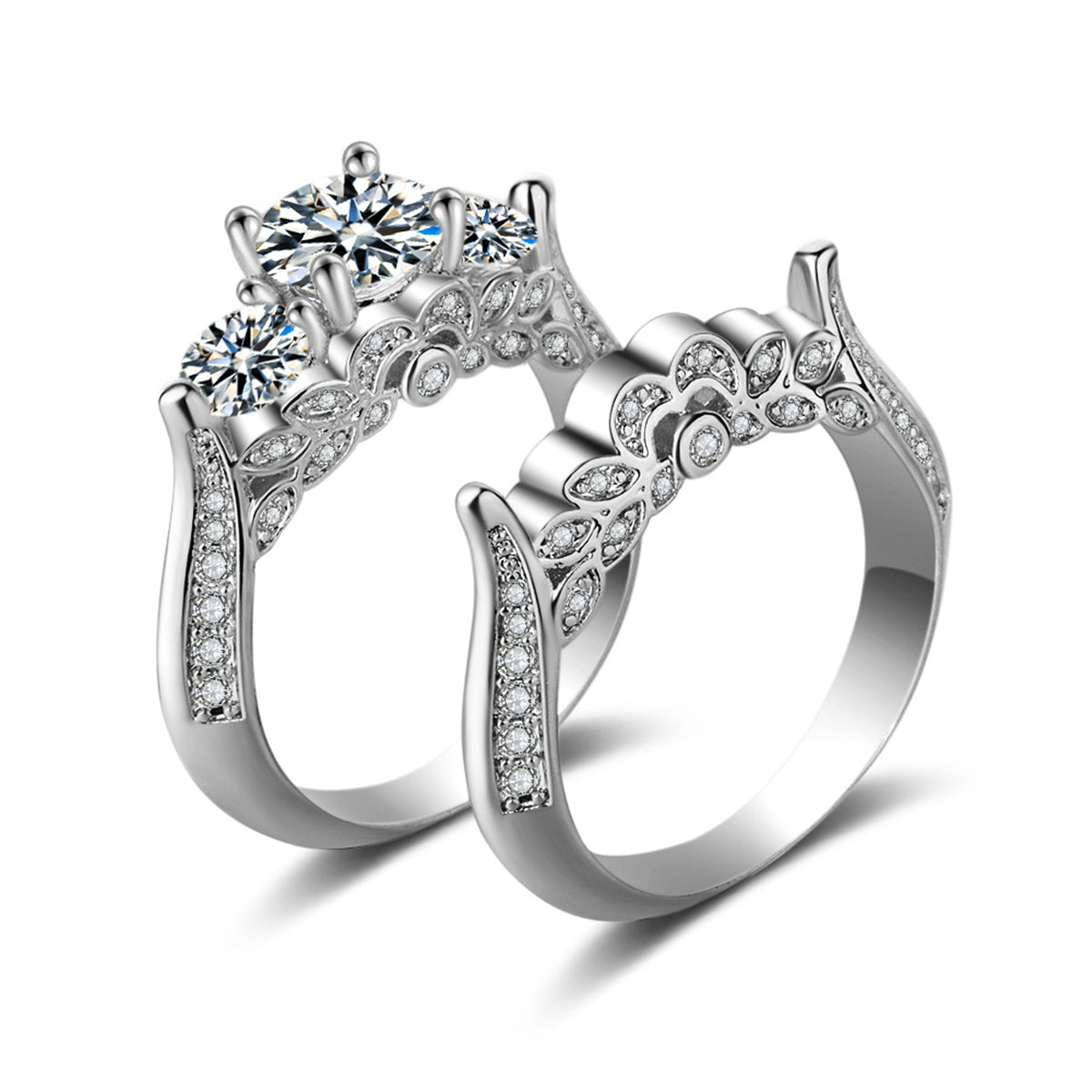 Crystal and Cubic Zirconia Silver-Plated Botanical Ring Set, jewelry gift sets for women, botanical inspired, front view