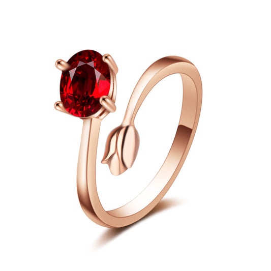Red Crystal and 18K Rose Gold-Plated Rose Bypass Ring, rose gold statement rings for women, elegant gift for her, front view