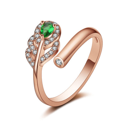 Green Crystal and Clear Cubic Zirconia Leaf Bypass Ring, statement rings for women, everyday style, front view