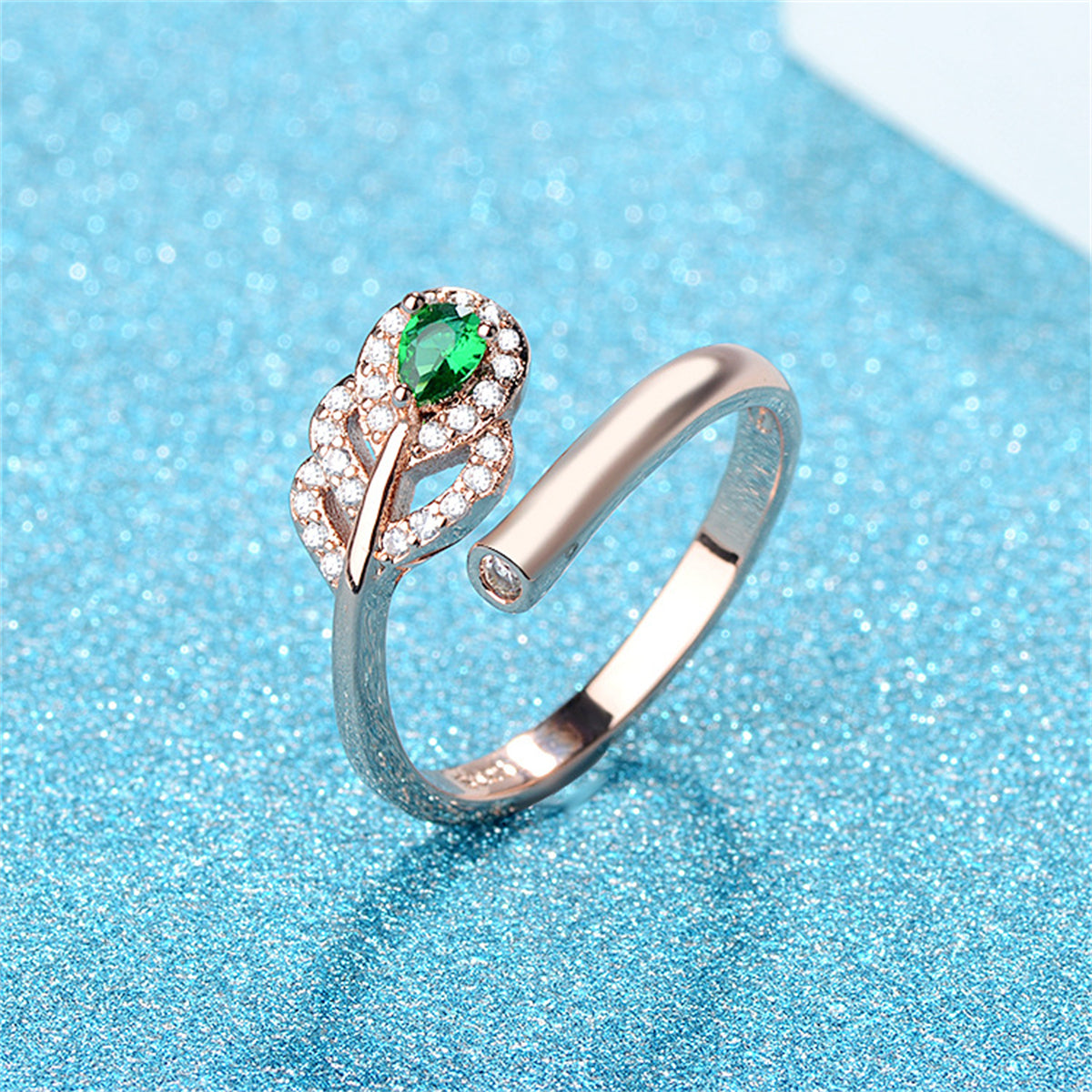 Green Crystal and Clear Cubic Zirconia Leaf Bypass Ring, statement rings for women, everyday style, side view
