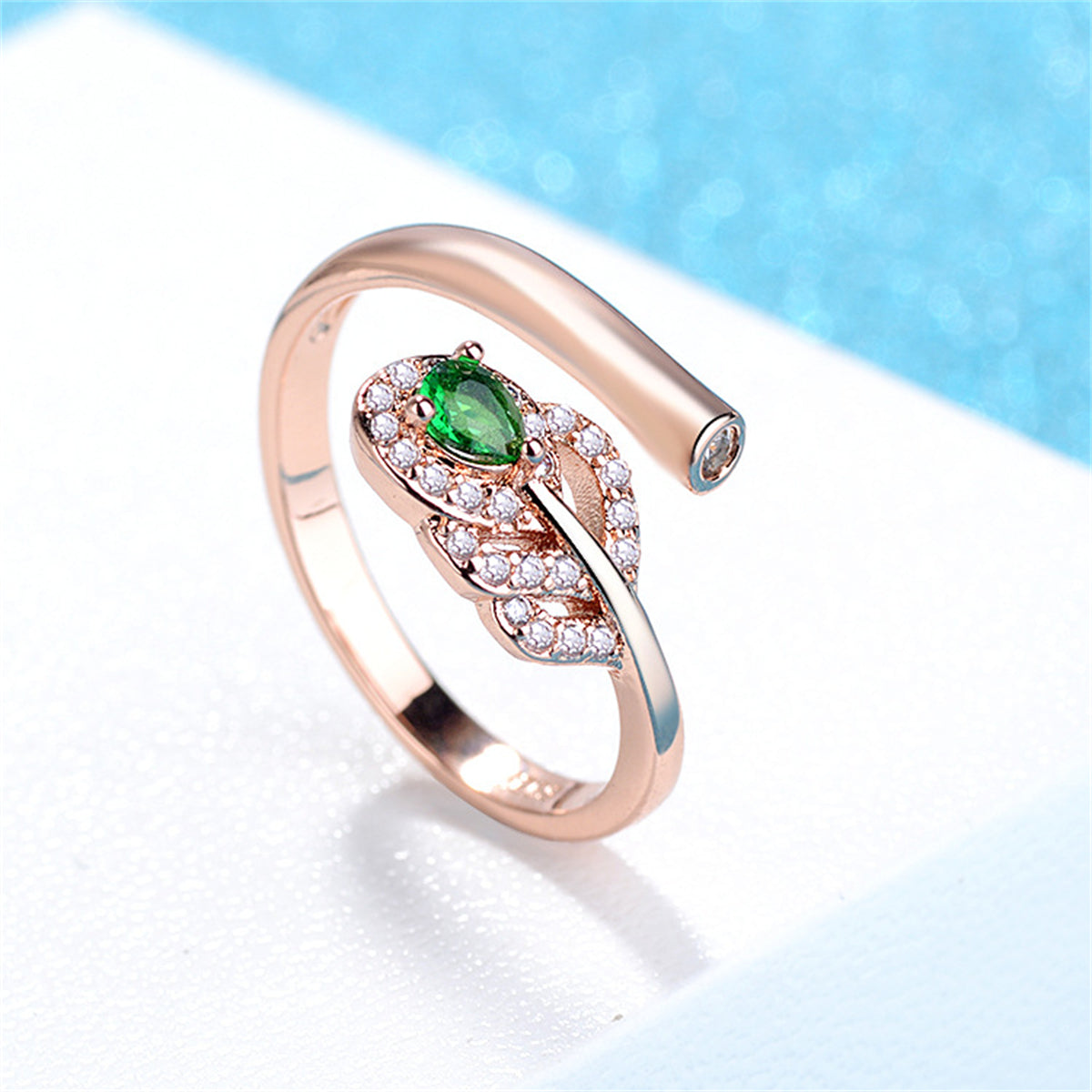 Green Crystal and Clear Cubic Zirconia Leaf Bypass Ring, statement rings for women, everyday style, detail close-up