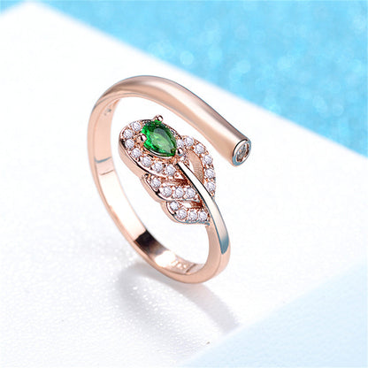 Green Crystal and Clear Cubic Zirconia Leaf Bypass Ring, statement rings for women, everyday style, detail close-up
