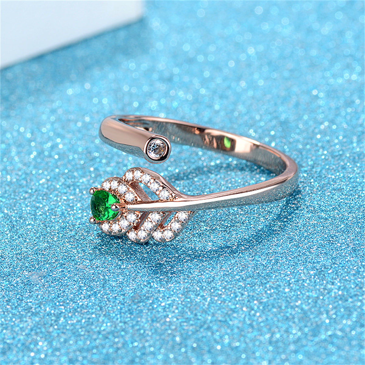 Green Crystal and Clear Cubic Zirconia Leaf Bypass Ring, statement rings for women, everyday style, lifestyle look