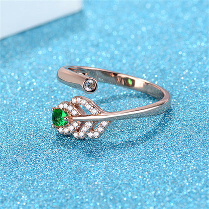 Green Crystal and Clear Cubic Zirconia Leaf Bypass Ring, statement rings for women, everyday style, lifestyle look