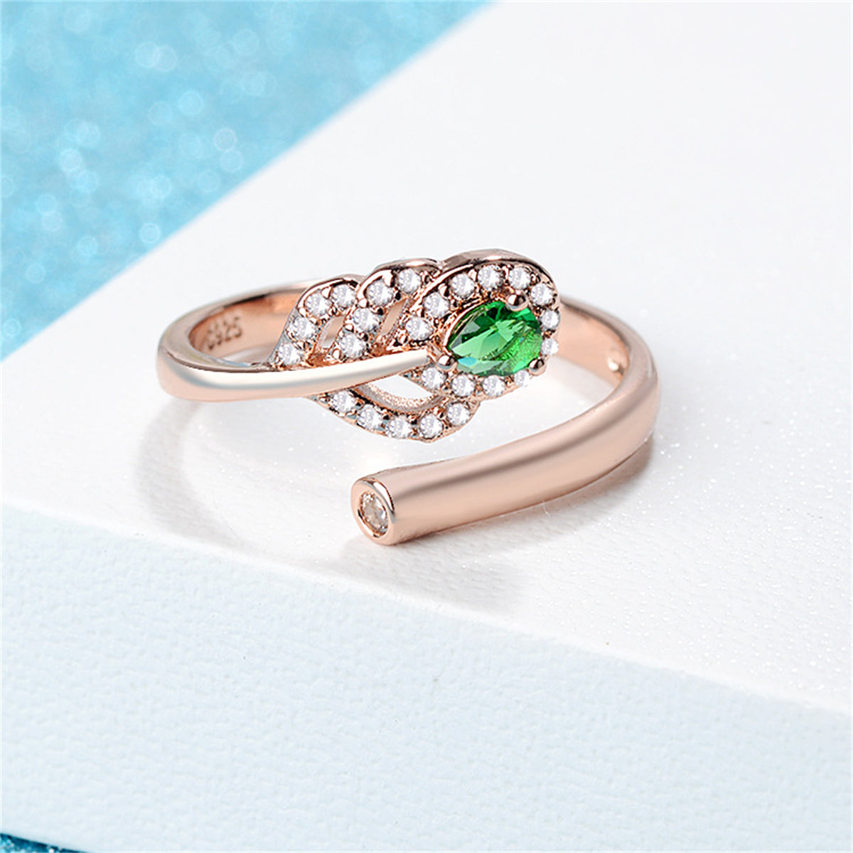 Green Crystal and Clear Cubic Zirconia Leaf Bypass Ring, statement rings for women, everyday style, styled look