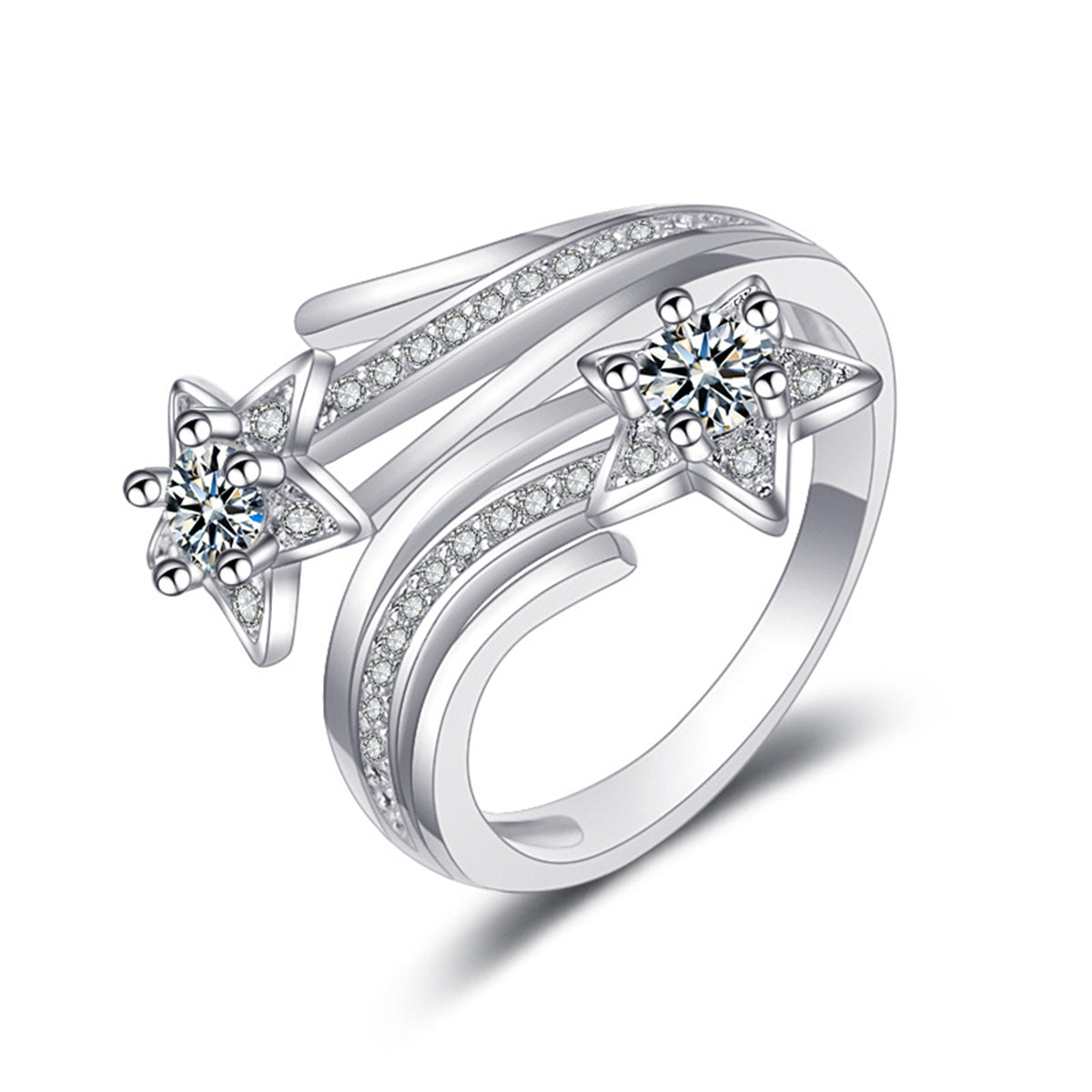 Crystal and Cubic Zirconia Star Bypass Ring, statement rings for women, vintage-inspired design, front view