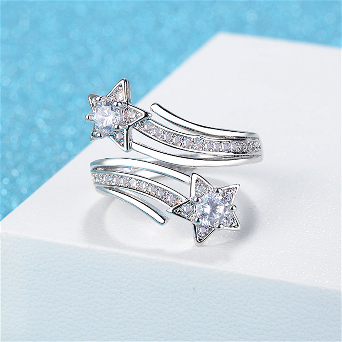 Crystal and Cubic Zirconia Star Bypass Ring, statement rings for women, vintage-inspired design, lifestyle look