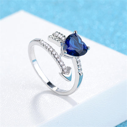 Navy Crystal and Cubic Zirconia Arrow Heart Bypass Ring, statement rings for women, dainty minimalist design, front view