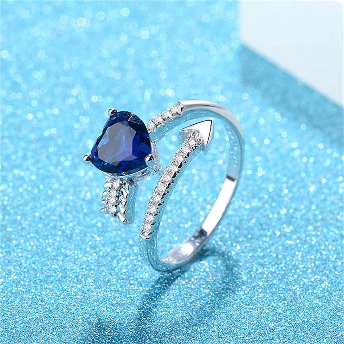 Navy Crystal and Cubic Zirconia Arrow Heart Bypass Ring, statement rings for women, dainty minimalist design, detail close-up