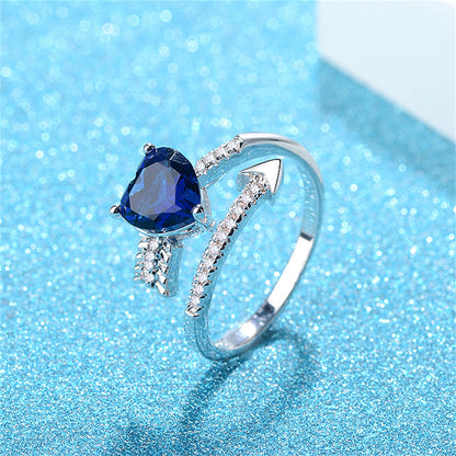 Navy Crystal and Cubic Zirconia Arrow Heart Bypass Ring, statement rings for women, dainty minimalist design, detail close-up