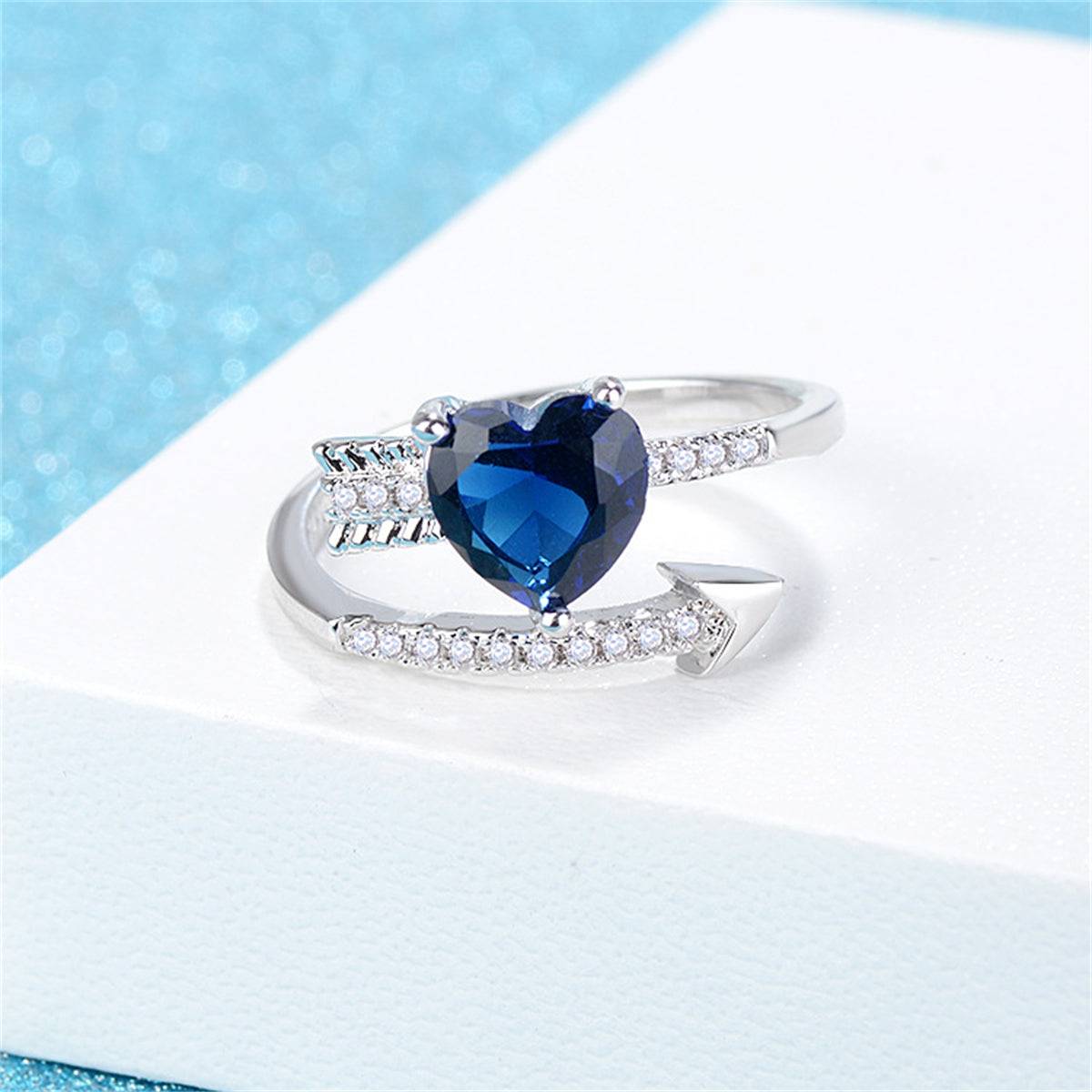 Navy Crystal and Cubic Zirconia Arrow Heart Bypass Ring, statement rings for women, dainty minimalist design, lifestyle look