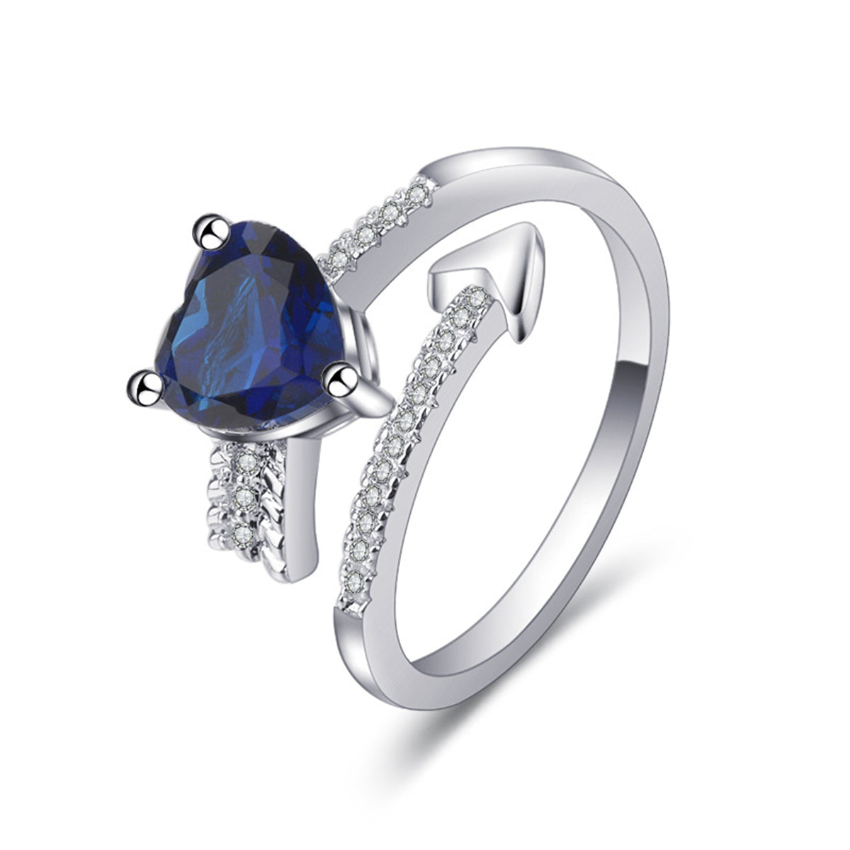 Navy Crystal and Cubic Zirconia Arrow Heart Bypass Ring, statement rings for women, dainty minimalist design, side view