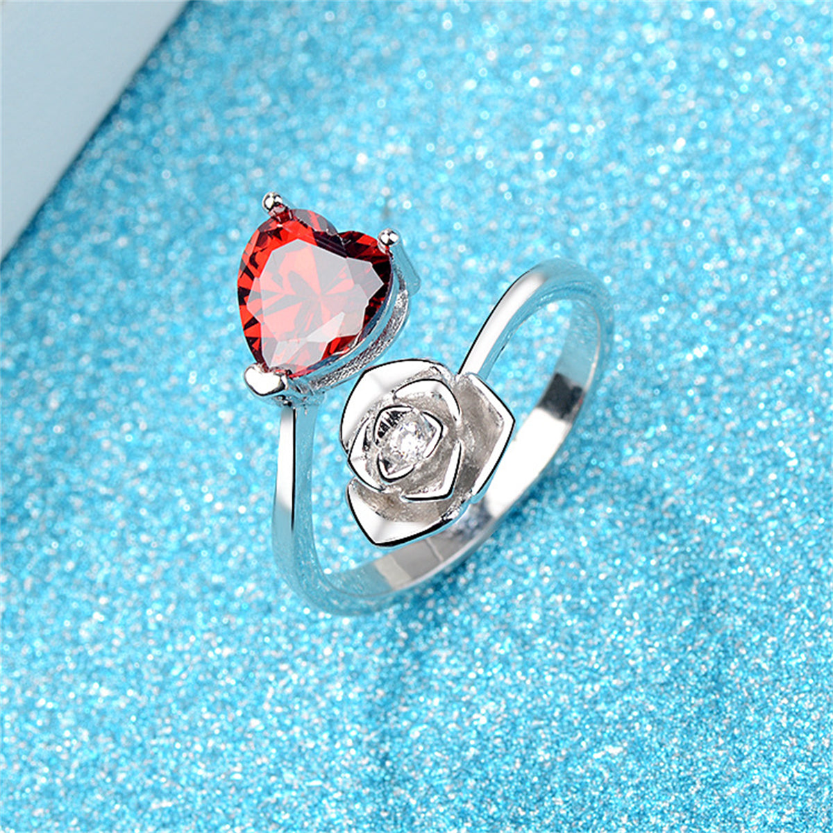 Red Crystal and Cubic Zirconia Heart and Rose Bypass Ring, statement rings for women, vintage-inspired design, side view