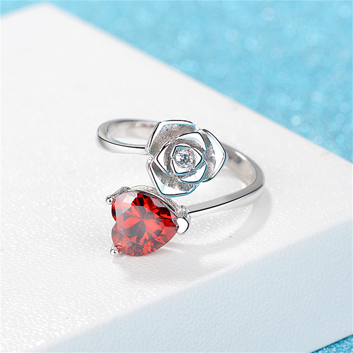 Red Crystal and Cubic Zirconia Heart and Rose Bypass Ring, statement rings for women, detail close-up