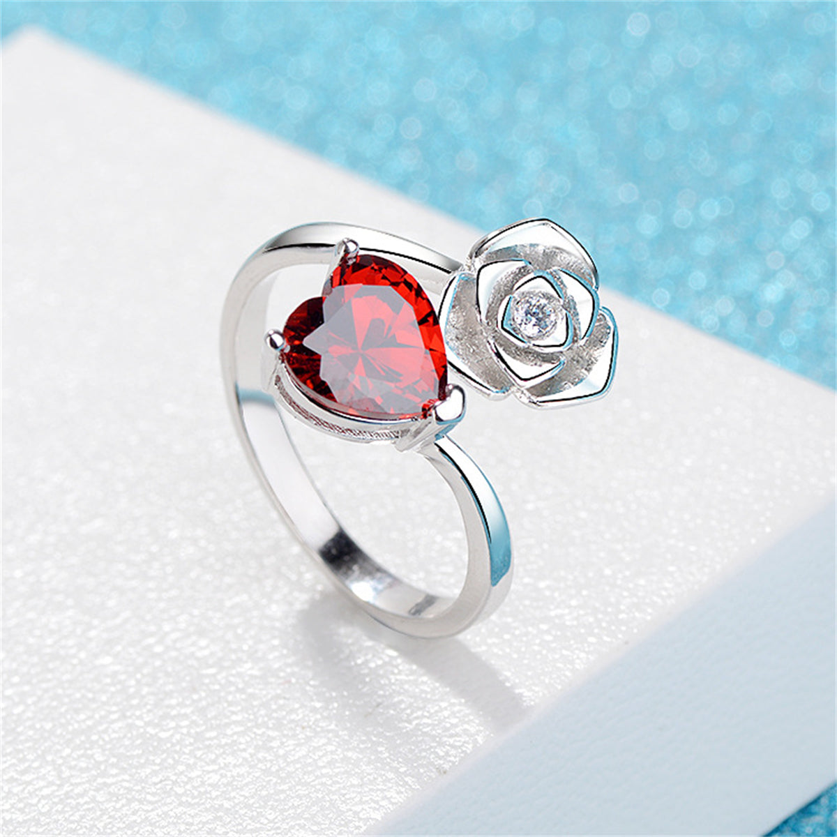 Red Crystal and Cubic Zirconia Heart and Rose Bypass Ring, statement rings for women, vintage-inspired design, lifestyle look