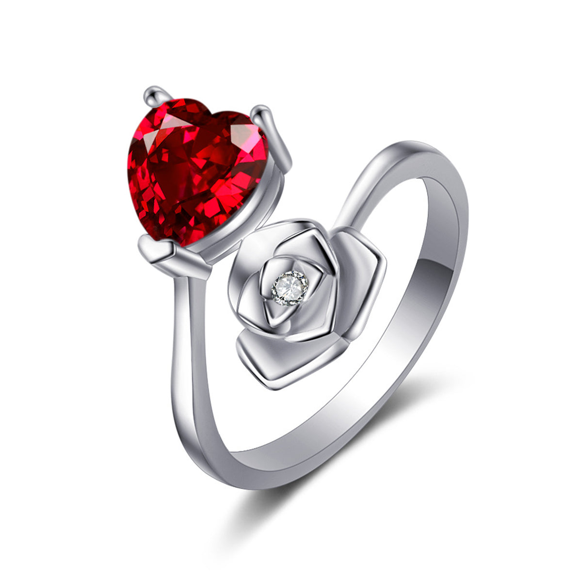 Red Crystal and Cubic Zirconia Heart and Rose Bypass Ring, statement rings for women, vintage-inspired design, front view