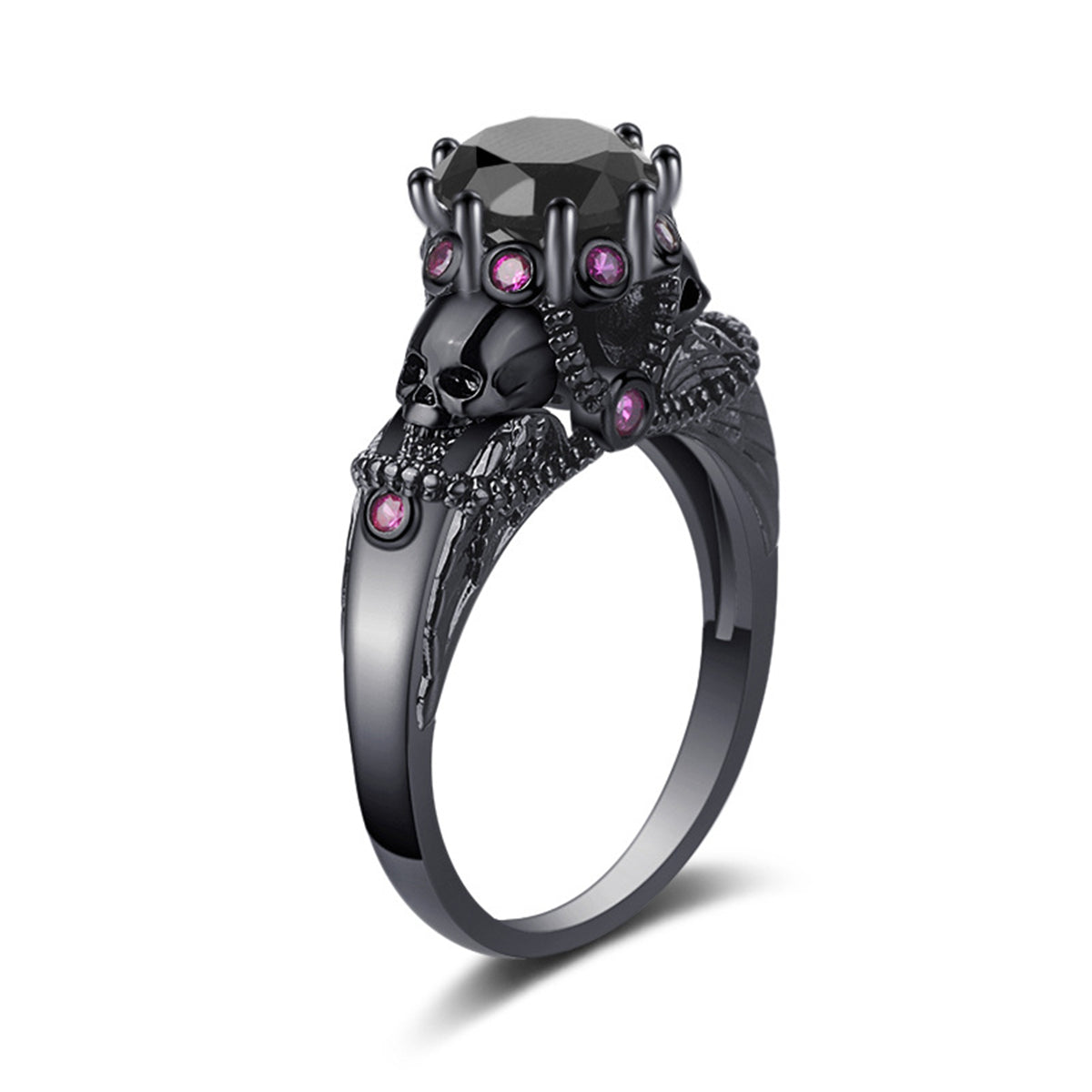 Black Crystal and Cubic Zirconia Skull Ring, statement rings for women, elegant gift for her, front view