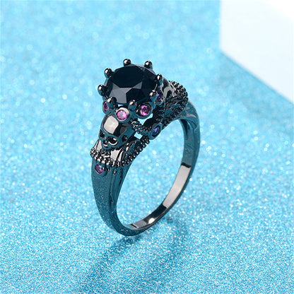 Black Crystal and Cubic Zirconia Skull Ring, statement rings for women, elegant gift for her, side view