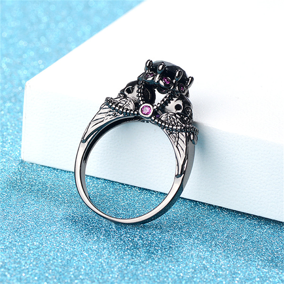 Black Crystal and Cubic Zirconia Skull Ring, statement rings for women, elegant gift for her, lifestyle look