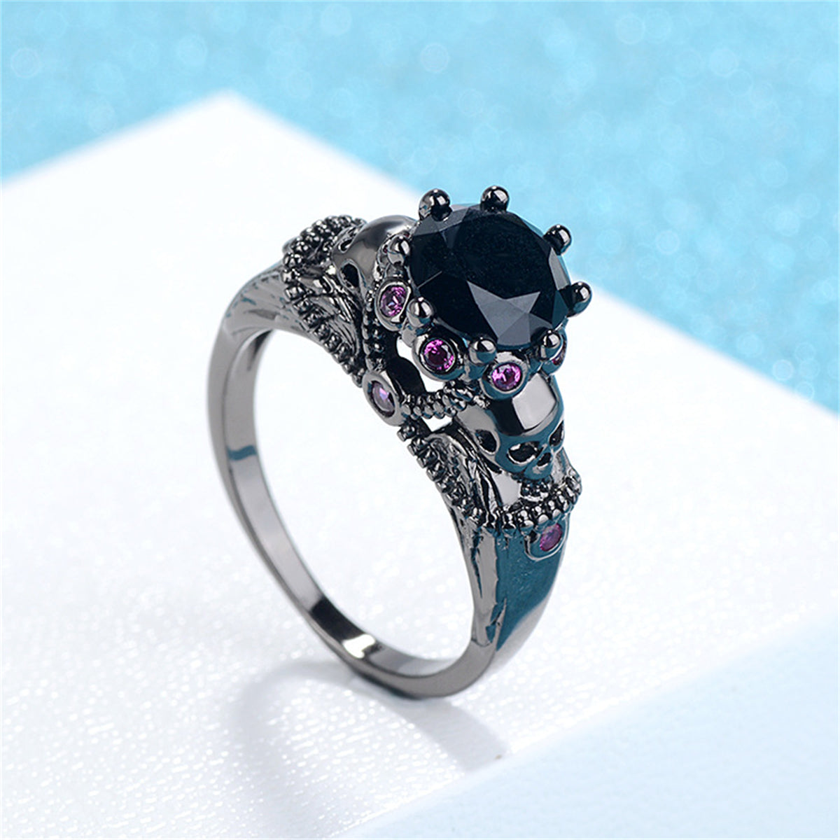 Black Crystal and Cubic Zirconia Skull Ring, statement rings for women, elegant gift for her, detail close-up