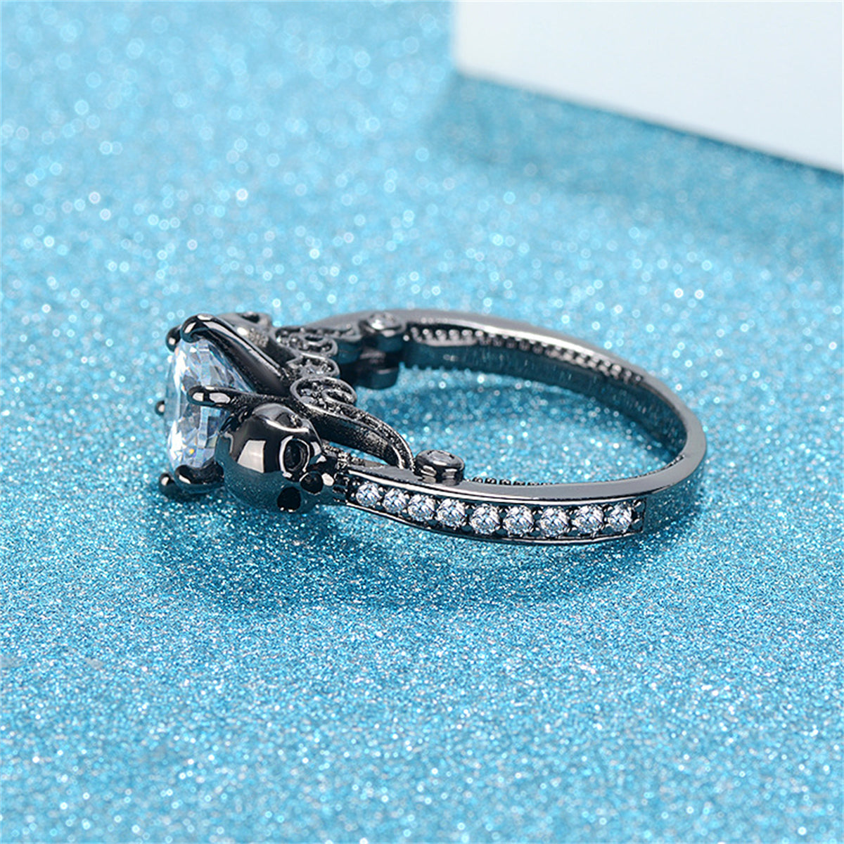 Crystal and Cubic Zirconia Skull Ring, statement rings for women, elegant gift for her, side view