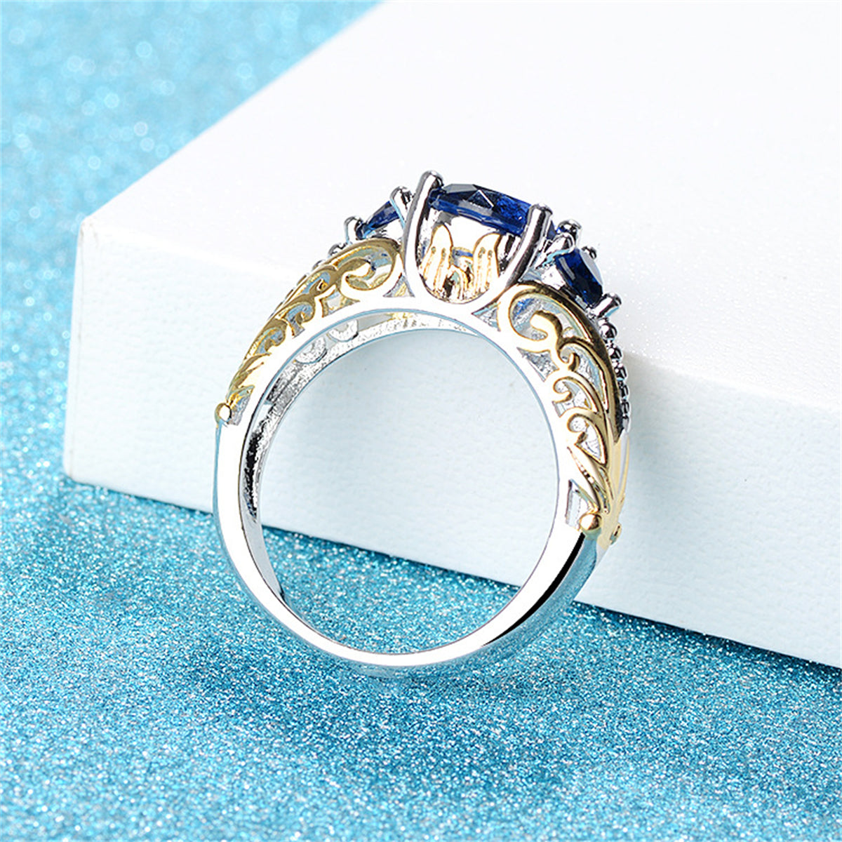 Navy Crystal and Two-Tone Heart-Cut Ring, statement rings for women, everyday style, styled look