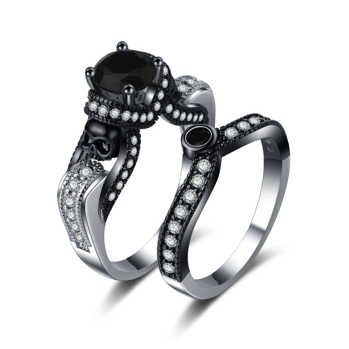 Black Crystal and Cubic Zirconia Two-Tone Skull Ring Set, jewelry gift sets for women, everyday style, front view