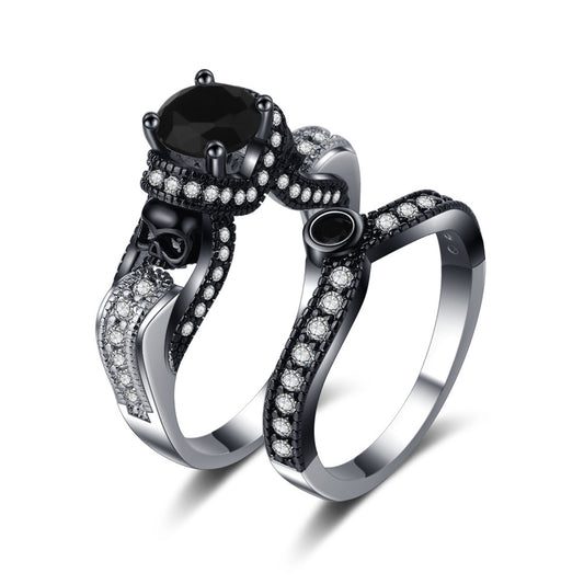 Black Crystal and Cubic Zirconia Two-Tone Skull Ring Set, jewelry gift sets for women, everyday style, front view