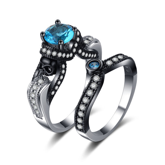 Blue Crystal and Cubic Zirconia Skull Ring Set, jewelry gift sets for women, elegant gift for her, front view