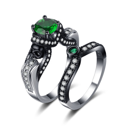 Green Crystal and Cubic Zirconia Two-Tone Skull Ring Set, jewelry gift sets for women, everyday style, front view
