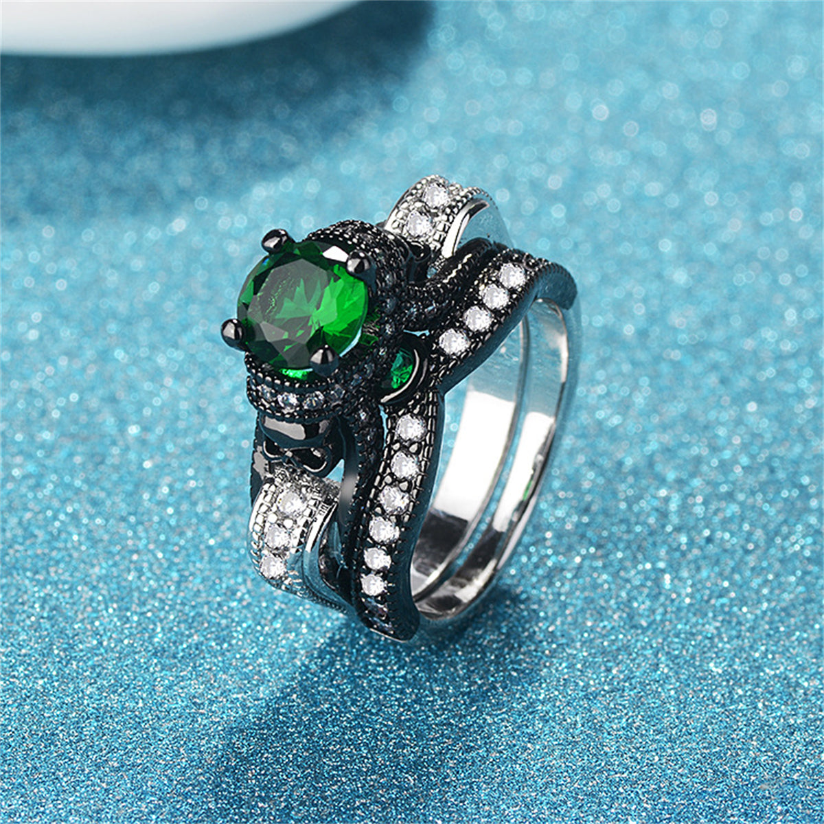Green Crystal and Cubic Zirconia Two-Tone Skull Ring Set, jewelry gift sets for women, everyday style, side view