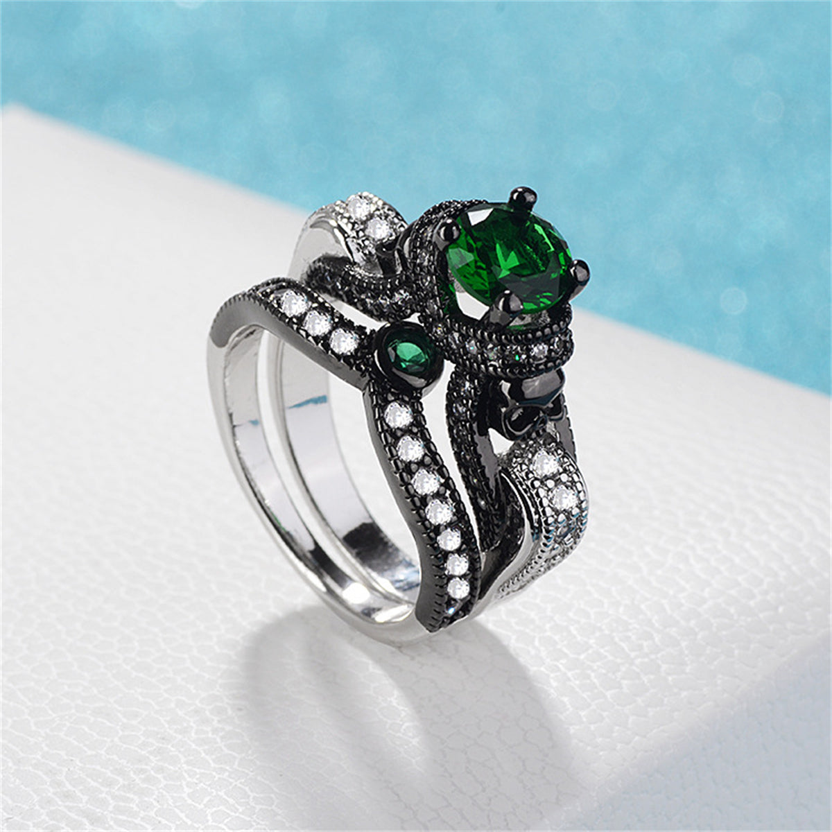 Green Crystal and Cubic Zirconia Two-Tone Skull Ring Set, jewelry gift sets for women, everyday style, detail close-up