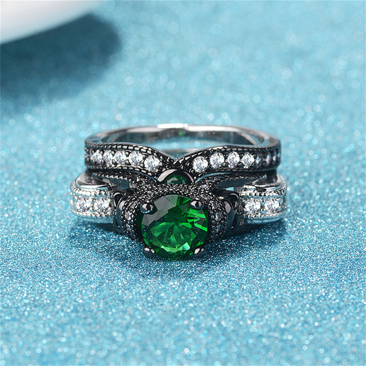 Green Crystal & Cubic Zirconia Two-Tone Skull Ring Set