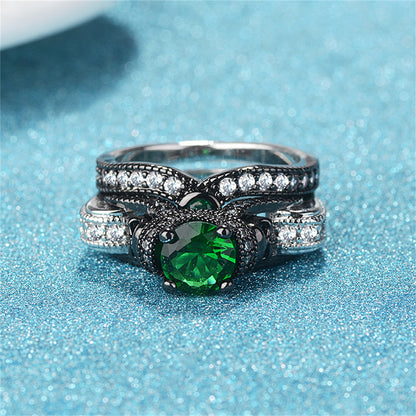 Green Crystal and Cubic Zirconia Two-Tone Skull Ring Set, jewelry gift sets for women, everyday style, lifestyle look